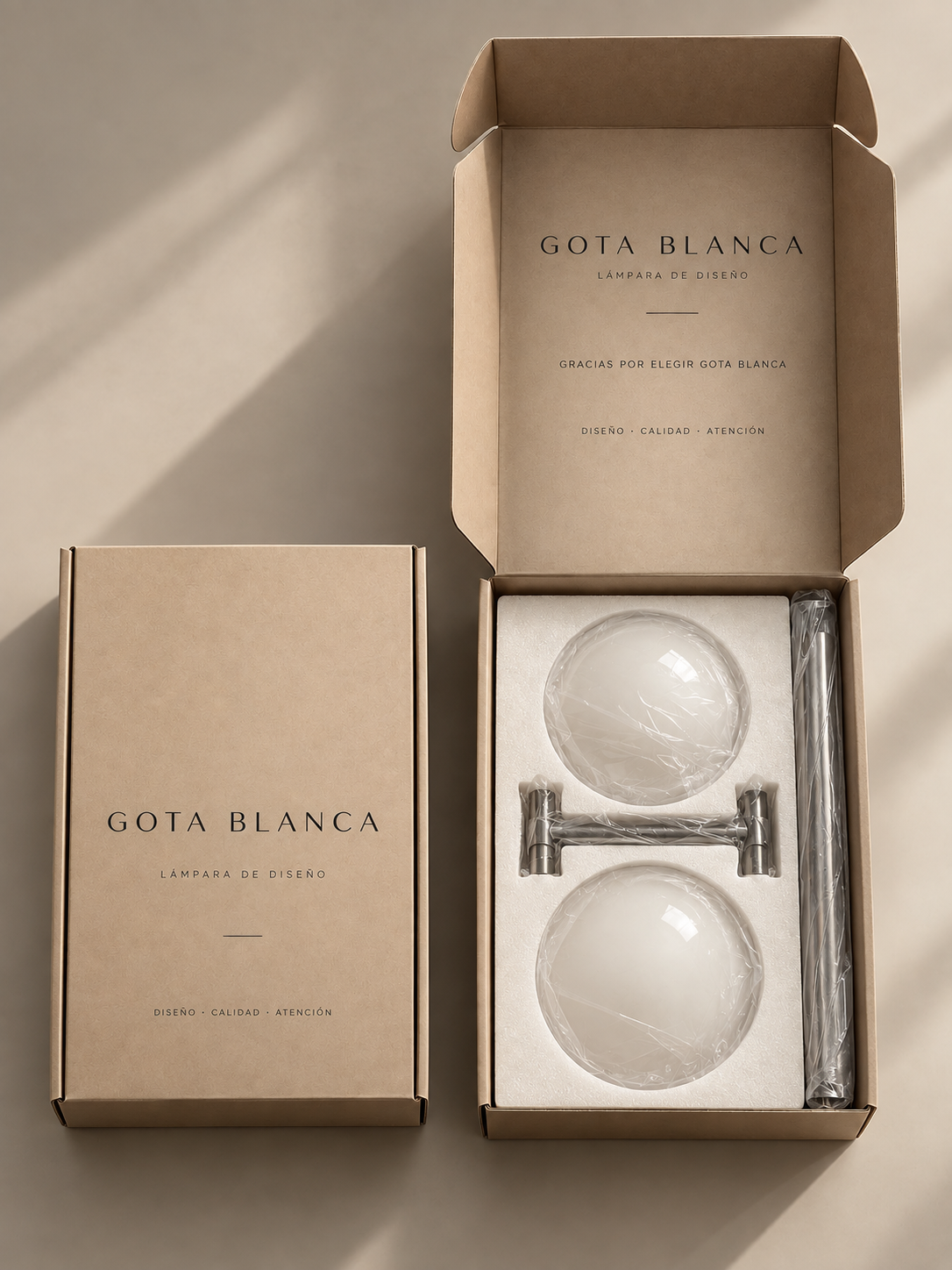 Packaging GOTA BLANCA 47.2 con lámpara y componentes